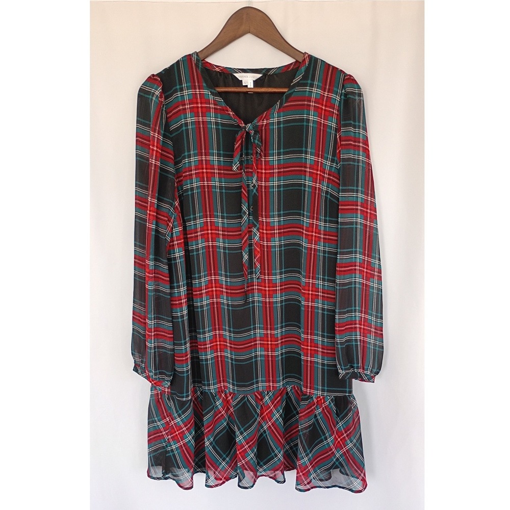 Draper James Plaid Tie Neck Ruffle Hem Dress Red Green Black Sz L Gingham Tiered